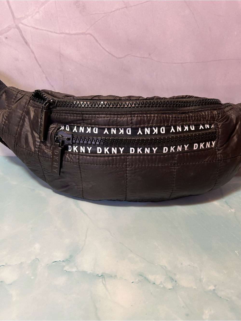 DKNY Black Quilted Belt Bag with Logo Tape